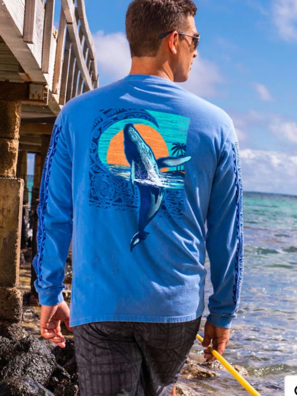 Men's Light Blue Long Sleeve Crewneck with Whale Sunset Graphic